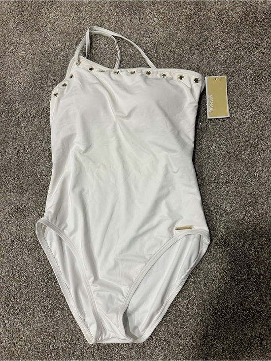 Michael Kors Other - NWT Michael Kors White One Shoulder Swimsuit Size 14 Gold Grommets Cruise 2020